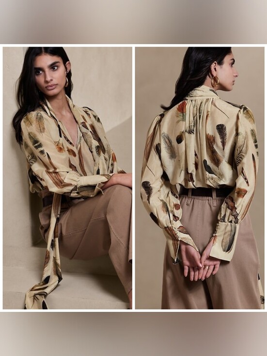 Banana Republic Tops - Banana Republic Harper Cotton-Silk Blouse, Size Small, Neutral, Feather Print
